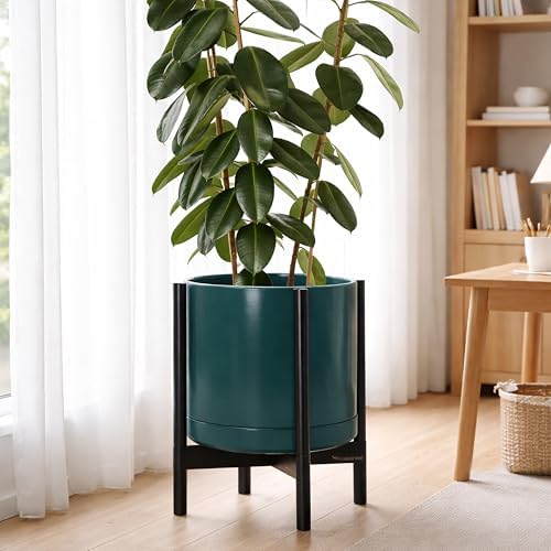 D'vine Dev Ceramic Pot with Ebony Wood Stand, Teal, 14 in, 55-B-S-4 - Image 6