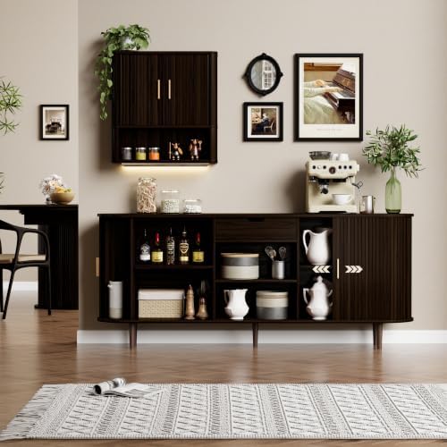 71" Sideboard Buffet Cabinet with Storage,Large Credenza with Sliding Doors and 1 Drawer,Mid Century Modern Coffee Bar Cabinet with Adjustable Shelves for Dining Room,Kitchen,Living Room (Dark Walnut) - Image 7