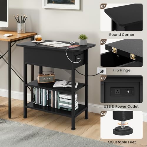 GRUSIGN End Table with Charging Station, Flip Top Side Table with USB Ports and Outlets, 3-Tier Small Side Table with Storage for Small Space, End Tables for Living Room/Bedroom, Black - Image 6