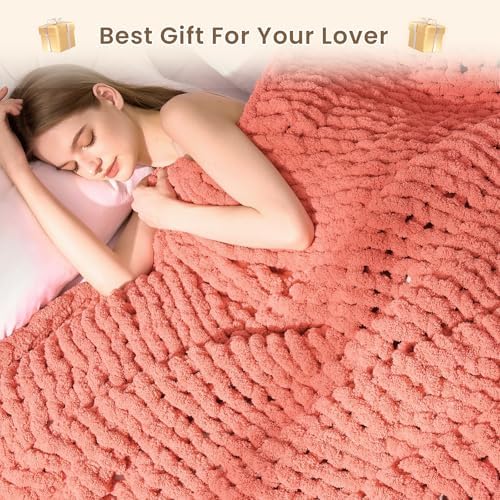 L'AGRATY Chunky Knit Throw Blanket for Couch, 50 x 60 Inches, Coral Pink - Image 7