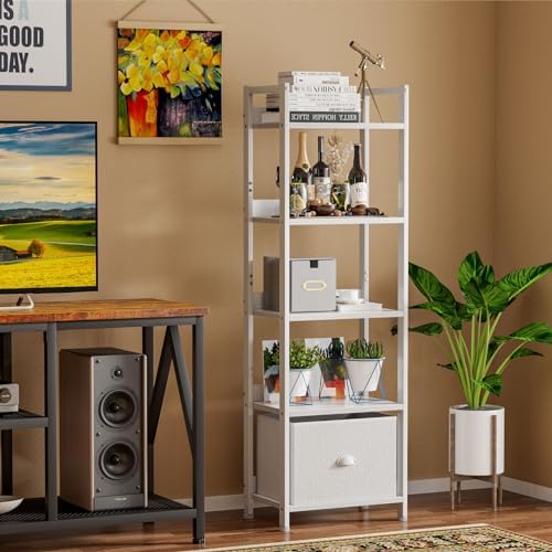 Furologee 5 Tier Bookshelf with Drawer, Tall Narrow Bookcase with Shelves, Wood and Metal Book Shelf Storage Organizer, Modern Display Standing Shelf Unit for Bedroom, Living Room, Office, White - Image 6