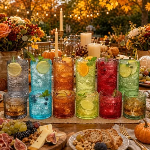 Khen Hobnail Beaded Highball Drinking Tumbler Glasses | Set of 12 | Autumn Colors Vintage Bubble Design Whiskey Glassware, Old-Fashioned, Embossed Design Water, Wine, Cocktail Rocks Glasses - Image 7