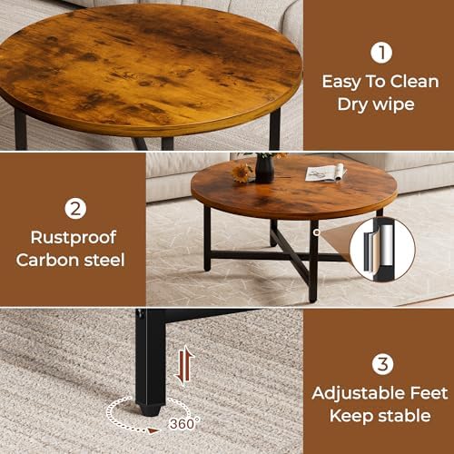 Round Coffee Table, 31.5" Brown Coffee Table, Coffee Tables for Living Room - Image 6