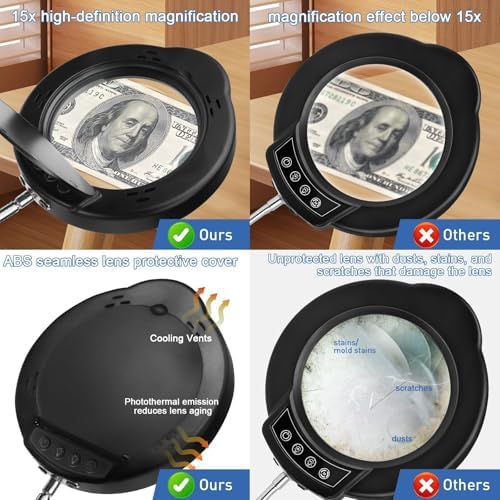 15X Magnifying Glass with Light & Stand,Real Glass,RTM Safety Protection,5 Colors Stepless Dimmable Eye-Caring LED,2-in-1 Hands-Free Desk & Clip-On Magnifier for Reading Crafts Painting & Repair - Image 7
