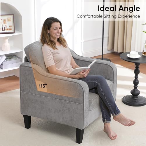 Accent Chair for Living Room, Mid Century Modern Reading Chair for Bedroom, Upholstered Armchair with Side Pockets, Comfy Single Sofa Side Chair for Office, Apartment, Small Room, Light Grey - Image 7