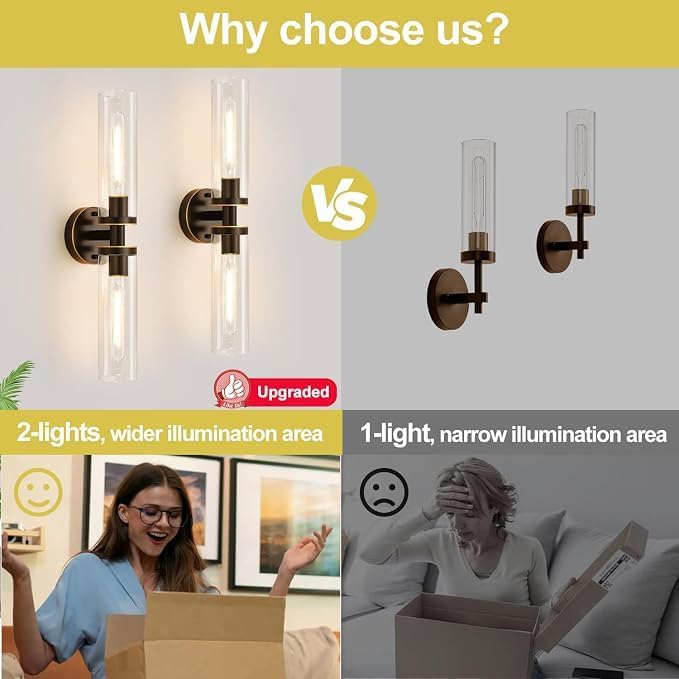 Indoi Wall Sconces Set of Two, Hardwired Brown Bathroom Sconces Wall Lighting with Clear Glass, Modern Sconces Wall Decor Set of 2 Bathroom Light fixtures for Mirror Hallway (Bulbs Not Included) - Image 7