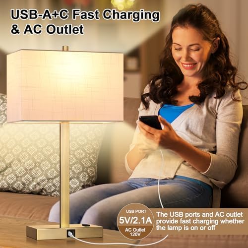 21" Touch Bedside lamps with 2 USB & AC Outlets, 3-Way Dimmable Bedside Table Lamps Set of 2 for Bedroom Living Room Office Reading, White Shade Lamps for Night Stands, 2700K LED Bulbs Included - Image 7