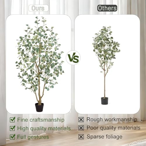6FT Artificial Eucalyptus Tree Indoor, Faux Eucalyptus Tree with 636 Silk Leaves, Tall Fake Tree - Artificial Tree Indoor for Living Room Office Bedroom Home Decor - Image 6