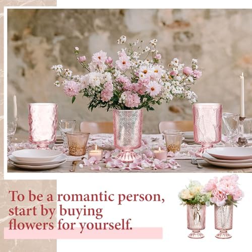 6 Pcs (H:7" W:4") Embossed Flower Vase Pedestal Glass Vase, Pink - Image 6