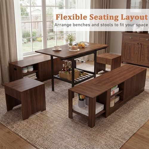 Extendable 6-Piece Breakfast Nook Set with Storage Benches & Stools, Corner Dining Table Set with Wine Glass Holder, Space-Saving Kitchen Table for Indoor/Outdoor Use (Walnut) - Image 6