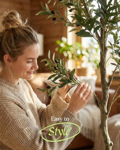 KOL 6ft Artificial Olive Tree Indoor, Tall Faux Olive Trees, Fake Olive Tree Floor Plant for Home Office Living Room Decor with Matte Black Pot - Image 6