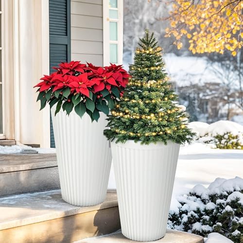 Autodaya 20" Tall Fluted Resin Planters Set of 2 with Drainage Holes - Image 6