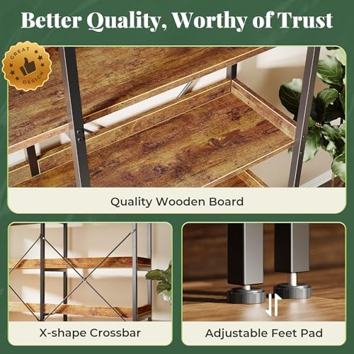 Huuger 6 Tier Bookshelf, Corner Bookshelf with 12 Open Shelves and Raised Baffle, 47.2 Inch Straight Wide Bookcase with Metal Frame and Wooden Board, Adjustable Feet, Rustic Brown - Image 7