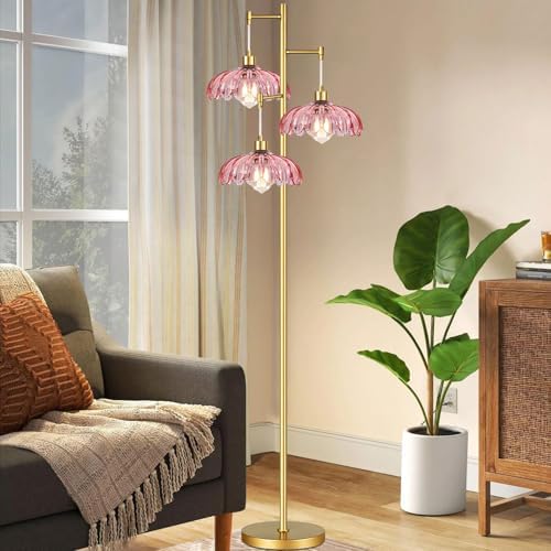QIYIZM Pink Floor Lamp for Living Room,Bedroom,Gold Mid Century Modern Standing Lamp Brass Tree 3 Light Tall Floor Lamps Vintage Retro Floor Lights Glass Flower Lamp Shade Farmhouse Boho Bohemian - Image 7