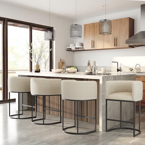 Counter Height Bar Stools Set of 4, 24 Inch Seat Height Barstools for Dining Room, Fabric Upholstered Bar Chair for Kitchen Island, Linen Counter Stools with Metal Legs, Beige - Image 7