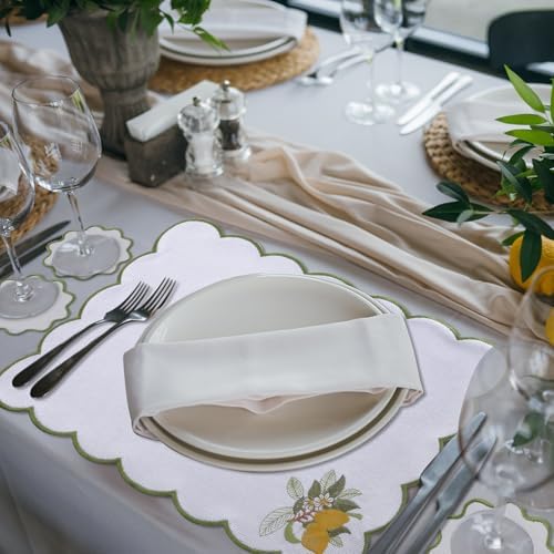 Set of 12 Lemon Cotton Linen Placemats Coaster, 12 x 17 Heat Resistant Embroidery Scalloped Placemats, 4" Summer Kitchen Coaster Double Layered Rustic Dinner Table Decoration(White and Green) - Image 6