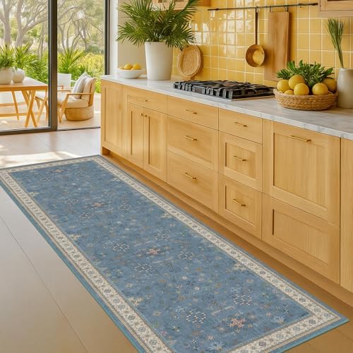 Light Blue 2x7 Washable Kitchen Runner - Boho Non Slip Runner Rug for Hallway, Bedroom Beside Bed,Entryway, Low Pile Floral Eclectic Unique Runner Décor - Image 6