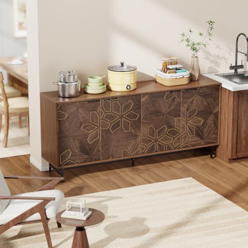 Mericonia 64 Inch Large Buffet Cabinet with Storage, Modern Mid-Century Walnut Sideboard with 4 Doors & Adjustable Shelves, Accent Credenza Coffee Bar for Kitchens, Dining Room, Living Room, Entryway - Image 7