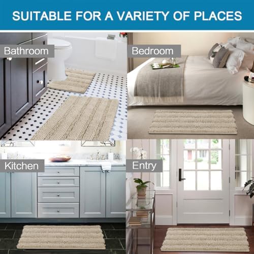 H.VERSAILTEX Bathroom Rug Sets 2 Piece Bath Mats Non Slip Thick Soft Chenille Striped Bath Rug achine Washable Shower Floor Rugs for Tub, Shower and Floor (Fog, 47"x17" Plus 20"x20" U) - Image 6