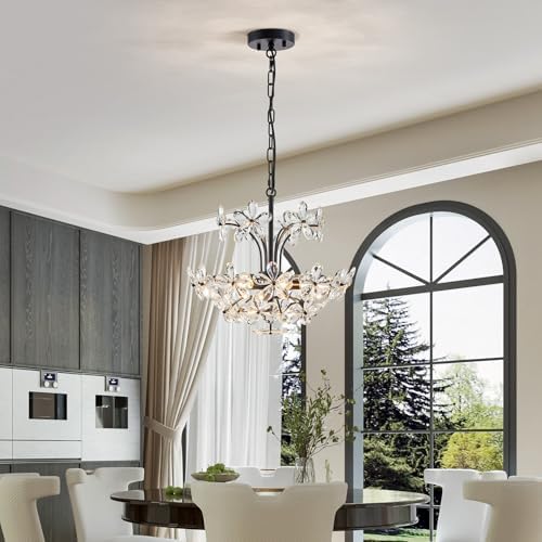 WUZUPS Crystal Chandelier Pendant Flushmount Ceiling Light Modern Lighting Fixture for Bedroom Hallway Bar Kitchen Bathroom, H 15.7" x W 17.7", Black, E12 Base - Image 7