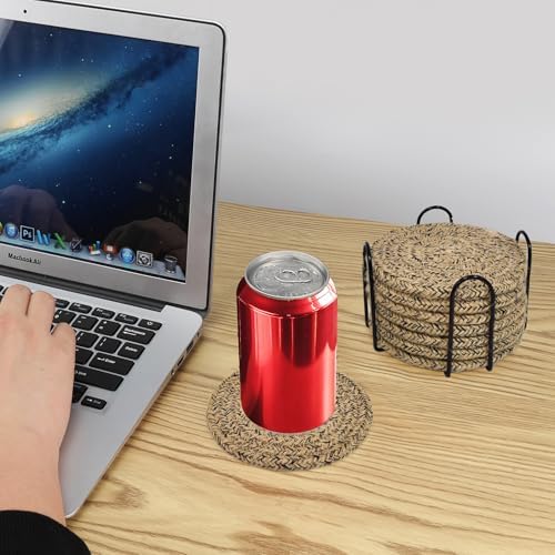 ABenkle 8 Pcs Drink Coasters with Holder, Cotton Woven Absorbent Coasters for Drinks, Minimalist Home Decor Coaster Set for Wooden Tabletop Protection Table, 4.3 inches - Image 6