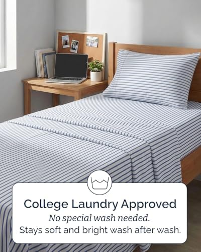 Twin XL 3 Piece Sheet Set - College Dorm Room Essentials - Blue Stripes - Image 6