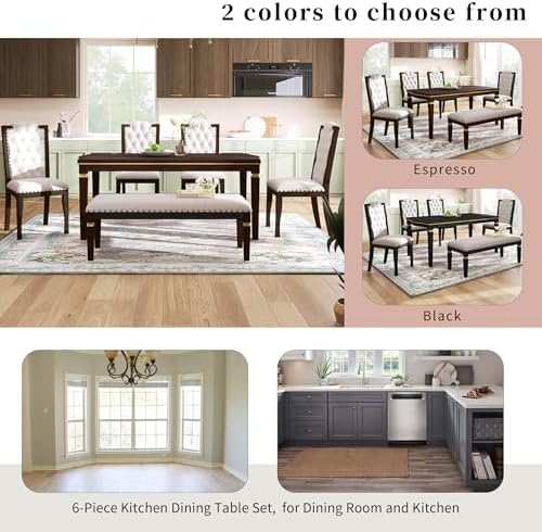 VilroCaz Modern Elegant Wood Kitchen Dining Table Set, 60'' Rectangular Table and 4 High-Back Tufted Chairs & 1 Bench, Home Breakfast Kitchen Dining Room Table Set for 6 (Espresso-10.6) - Image 7