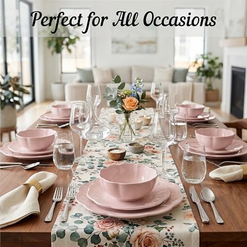 Sango 12 Pieces Scalloped Dinnerware Set, Modern Pink Dishes for 4, Premium Serving Plates & Bowls Sets, Chip Resistant, Blush Ceramic Dishware, Kitchen Dish, Microwave & Dishwasher Safe, Bethany - Image 6