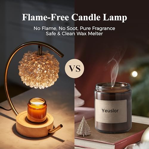 Yeuslor Gold Candle Warmer Lamp for Jar Candles with Adjustable Brightness&Timer,Handcrafted Crystal&Wooden Base, Luxurious Design,Home Decoration Electric Candle lamp(C-Shaped) - Image 6