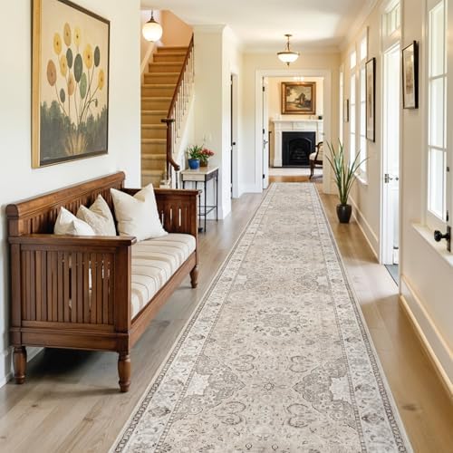 Washable Hallway 3x18 Runner Rug: Vintage Ultra Soft Non Slip Runner for Kitchen Entrance Indoor Farmhouse Long Carpet for Living Room Bathroom Low Pile Floor Mat for Bedroom Dining Room (3X18, Beige) - Image 6