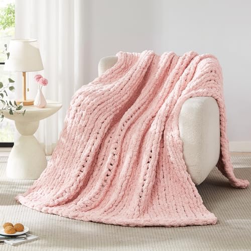 L'AGRATY Chunky Knit Throw Blanket for Couch, 50'' x 60'' Knit Throw, Pink - Image 7