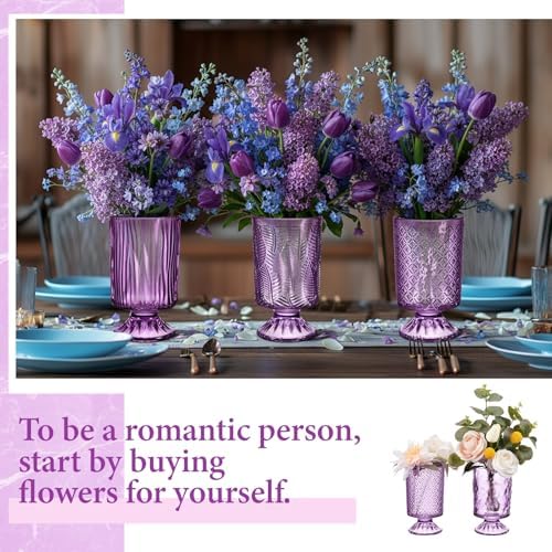 6 Pcs (H:7"W:4") Embossed Flower Vase Pedestal Glass Vase, Purple - Image 6