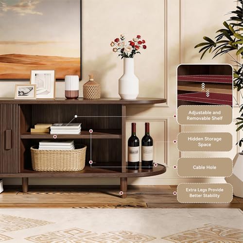 90" Mid Century Modern TV Stand with Power Outlet, Fluted Entertainment Center with Storage and Adjustable Shelves, Wood TV Console with Sliding Doors for Living Room, Walnut - Image 6