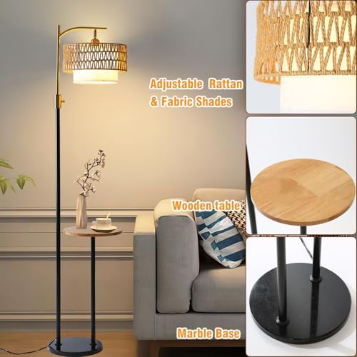 Dimmable Floor Lamp with Table and Marble Base, Arc Floor Lamp with Dimmable Bulb, Boho Farmhouse Standing lamp with Fabric & Rattan Lampshades for Living Room Bedroom (Black and Gold) - Image 7