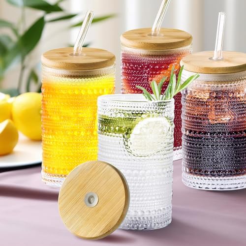 Hobnail Drinking Glasses with Bamboo Lids and Glass Straw 4Pcs Set - 14oz Vintage Glass Cups, Water Glasses, Iced Coffee Glasses, Cute Tumbler Cup, Ideal for Cocktail, Whiskey, Gift - Cleaning Brushes - Image 7
