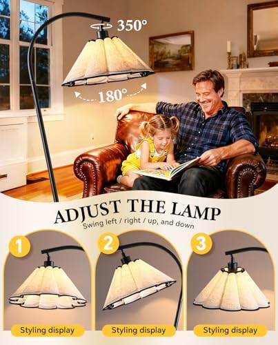 Floor Lamp with Pleated Linen Lampshade, Modern Flower Floor Lamp for Living Room Arc Standing Lamp, Gold Tall Lamp for Bedroom Office Dining Room, Bulb Included (Black + Black, 66.1IN) - Image 7