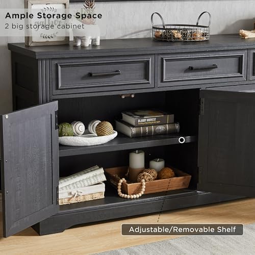 JXQTLINGMU 66" Farmhouse Buffet Cabinet with Storage, Sideboard Credenza, Carved Cloud-Inspired Doors, 3 Drawers & Adjustable Shelves, Coffee Bar Cabinet, Black - Image 6
