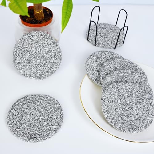 ABenkle 8 Pcs Drink Coasters with Holder, Cotton Woven Absorbent Coasters for Drinks, Minimalist Home Decor Coaster Set for Wooden Tabletop Protection Table, 4.3 inches Mied Gray - Image 6