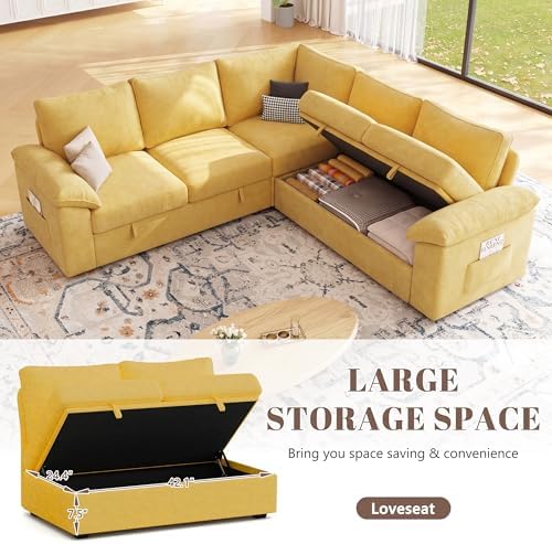 85'' Modular Sectional Sofa with Pull Out Bed, Sleeper Sofa, Yellow - Image 6