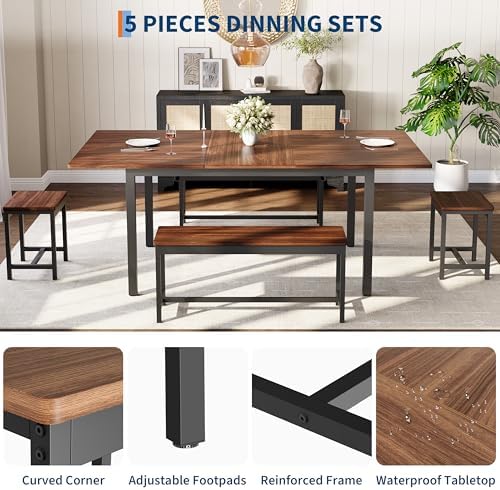 GarveeHome 5-Piece Dining Table Set for 4-8 People, 63 in Large Extendable Kitchen Table Set with 2 Benches and 2 Square Stools, Modern Dining Room Furniture Sets, Easy Assembly, Espresso - Image 7