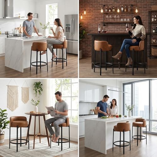 LukeAlon Modern PU Leather Counter Height Stools Set of 4, Upholstered 26" Seat Height Barstools with Black Metal Legs Round Low Back Kitchen Stools with Footrest for Dining Room Small Places, Brown - Image 7