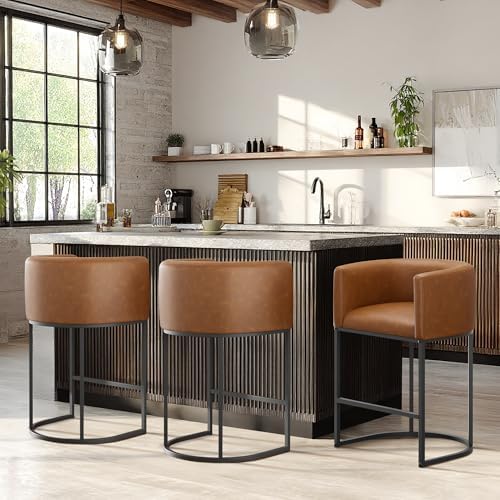 Counter Height Bar Stools Set of 3, Modern Counter Stools for Dining Room, 24 Inch Barstools for Kitchen Island, Faux Leather Bar Stool with Metal Legs and Back Footrest, Brown - Image 7