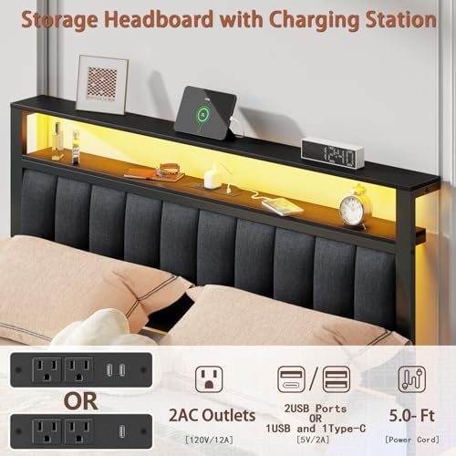 Furnulem Queen Size Bed Frame with Charging Station and LED Lights - Image 6