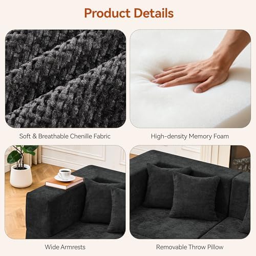 MONVANE Modular Sectional Sofa, Oversized 8 Seat Convertible U Shaped Couch with Ottoman, Comfy Chenille Cloud Couch with Deep Seat, Sectional Couches for Living Room, No Assembly Required, Black - Image 5