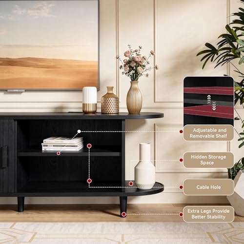 65" Mid Century Modern TV Stand with Power Outlet, Fluted Entertainment Center with Storage and Adjustable Shelves, Wood TV Console with Sliding Doors for Living Room, Black - Image 6