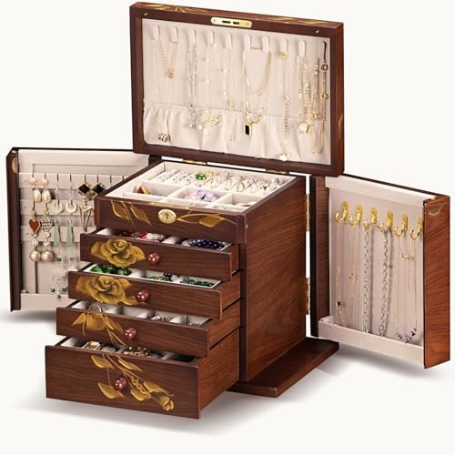 Hand-Painted Rose Wood Jewelry Box, 8-Layer Lockable Vintage Organizer - Image 6