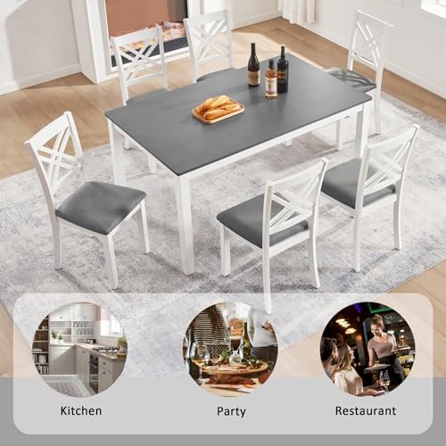 Harper & Bright Designs 58.5" Lx34.5 W Solid Wood 7-Piece Dining Table Set for 6, Grey White Two-Tone Kitchen Dining Room Set with 6 Upholstered Chairs, Rubber Wood Frame, 330LBS Capacity - Image 7