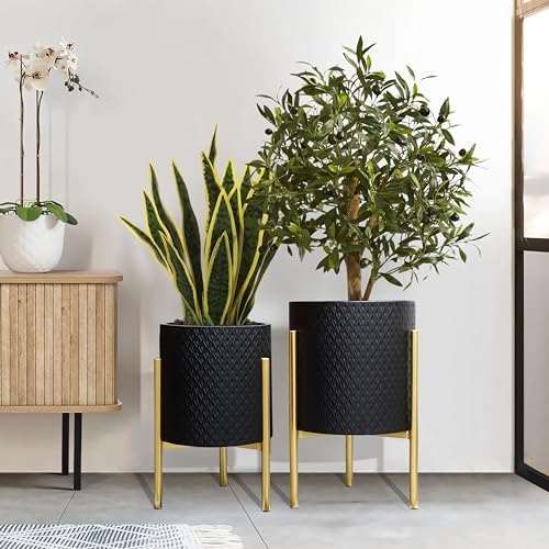 LuxenHome 2-Piece Diamond Pattern Round Metal Cachepot Planter Set - Image 7