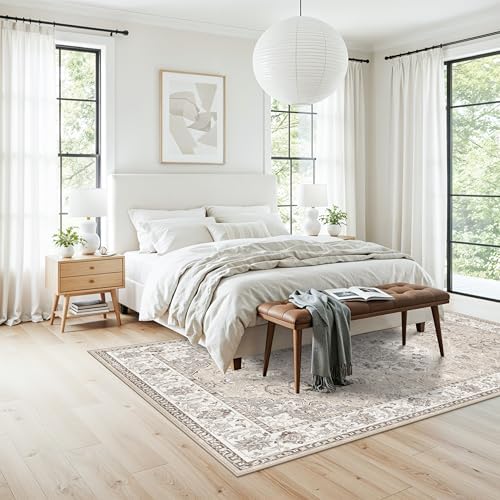 Washable 5x8 Living Room Area Rug: Vintage Water-Resistant Soft Rug for Bedroom Dining Room Non Slip Apartment Low Pile Carpet Thin Floor Mat for Dorm Home Office Printed Beside Rug(5x8,Beige) - Image 6