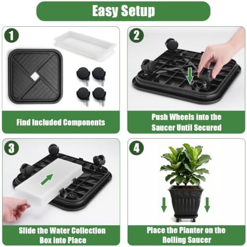 4-Pack 18 Inch Large Outdoor Planters with Saucers & Lockable Wheels, Black - Image 6
